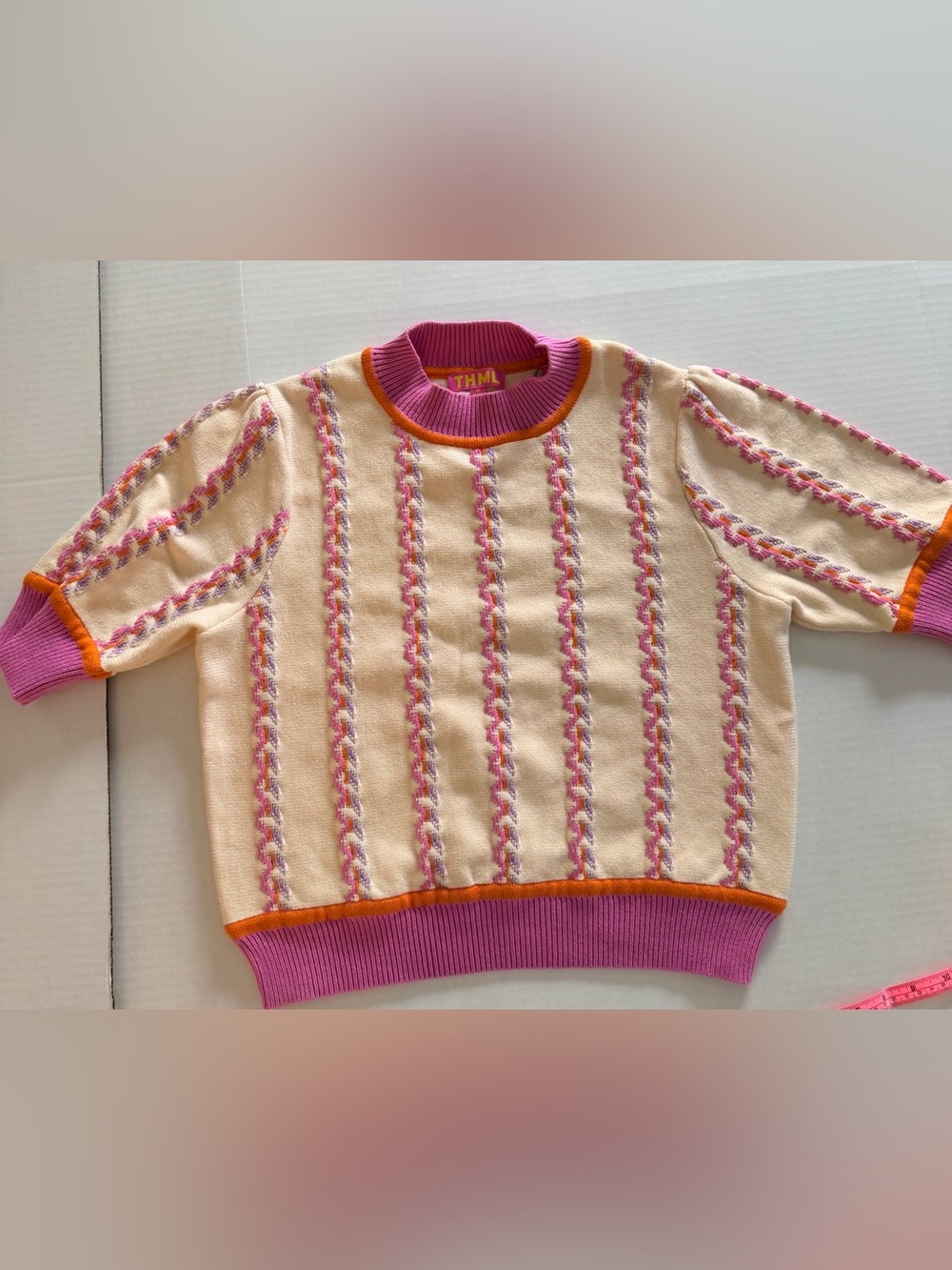 THML Multi-Pattern Short Sleeve Knit Sweater Cream with Pink and Orange Trim M - Picture 3 of 11